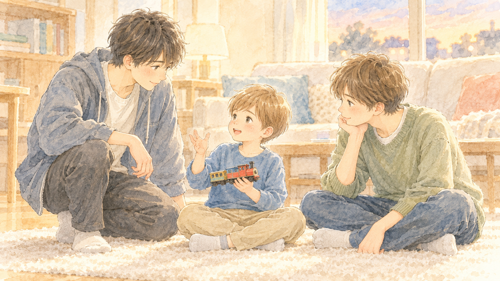 おもちゃの電車を手に話す5歳の息子と、うなずきながら話を聞く高校生と中学生の兄