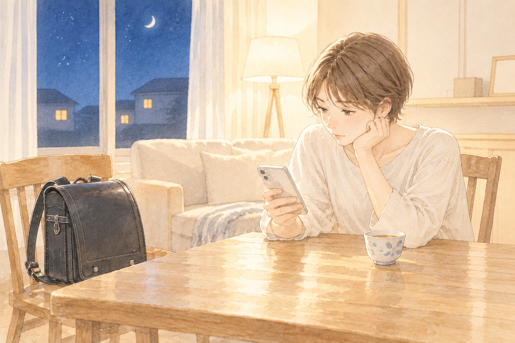 夜のリビングで、スマートフォンで支援級について調べる母親の水彩イラスト