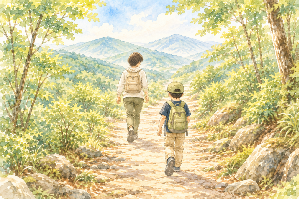 山道を先頭に立って歩く母と、その背中を追って歩く息子の水彩イラスト