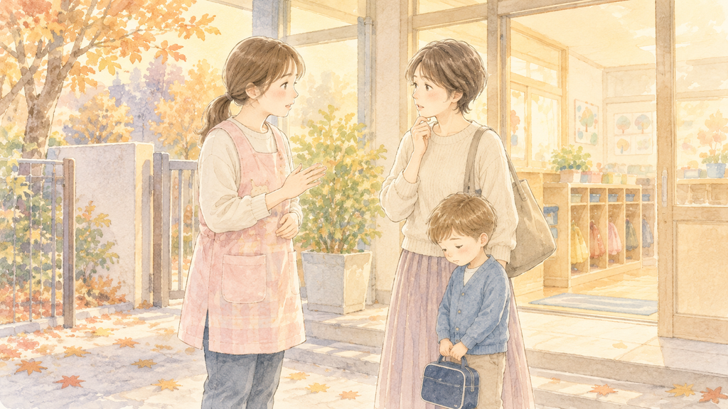 保育園のお迎えの時間に、保育士の先生から心配そうに話をされる母と、通園バッグを持つ5歳の息子