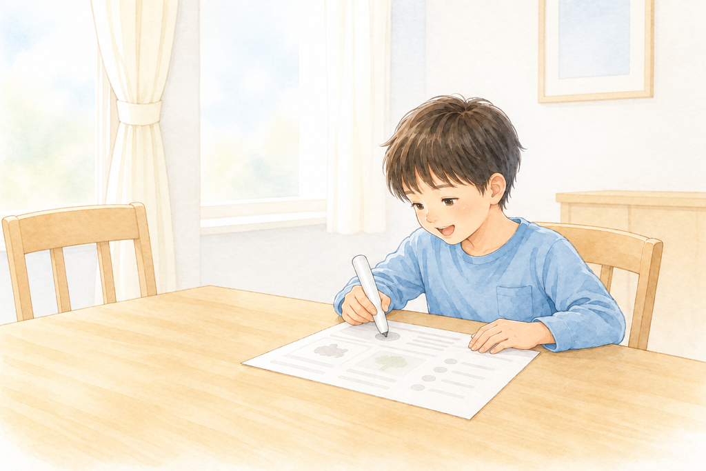 ペンを持って英語の教材に取り組む男の子の水彩イラスト