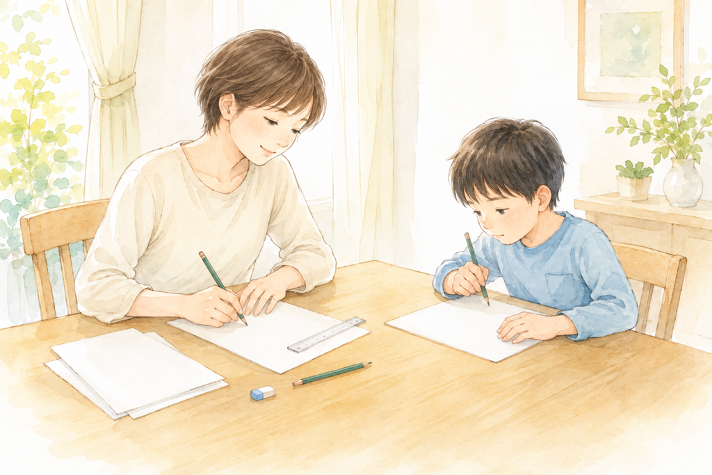 机でプリントを手作りする母と、隣で勉強する息子の水彩イラスト