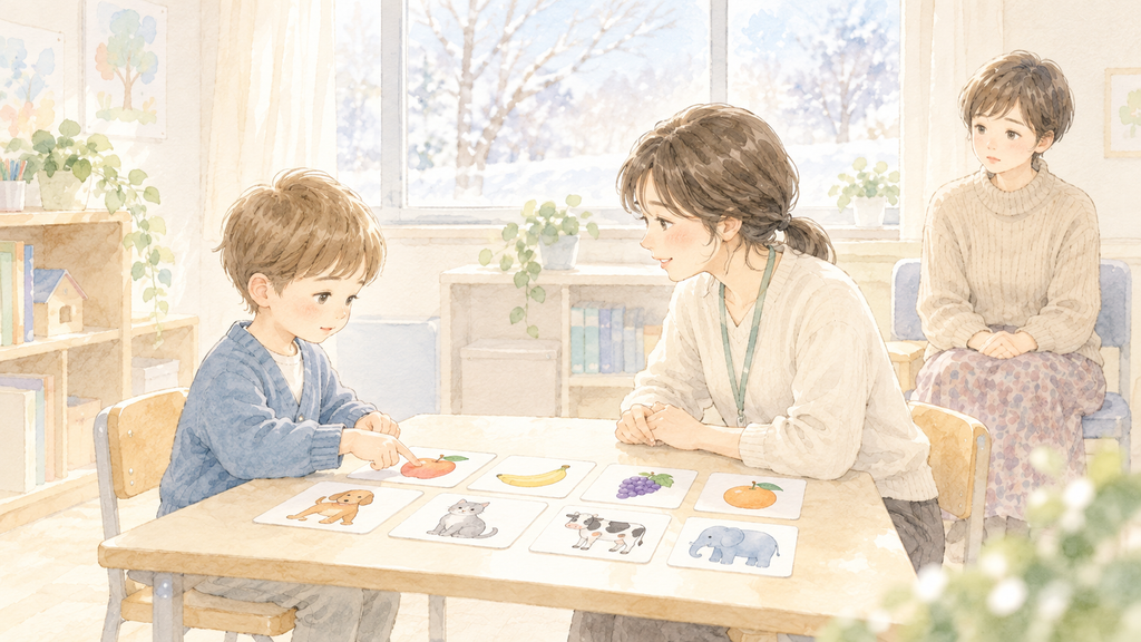 言語聴覚士の先生と絵カードで向き合う5歳の息子と、後ろで見守る母