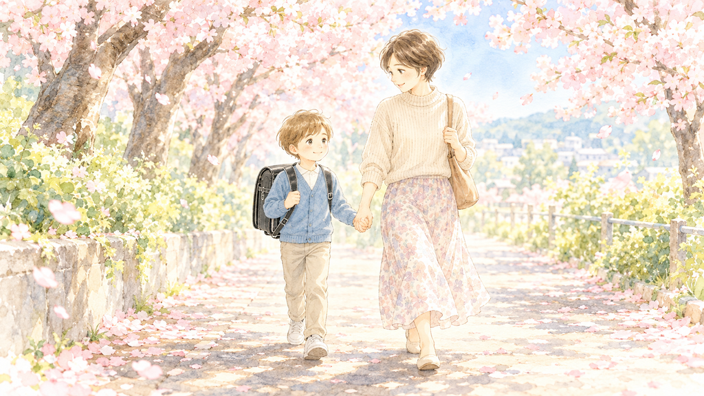 桜並木の道を、ランドセルを背負った小学1年生の息子と手をつないで歩く母
