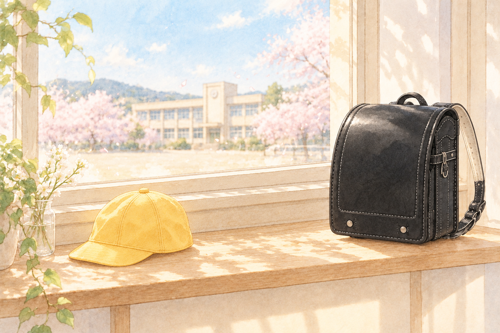 窓辺に置かれた保育園の黄色い帽子と黒いランドセル。窓の外に桜と小学校が見える水彩イラスト