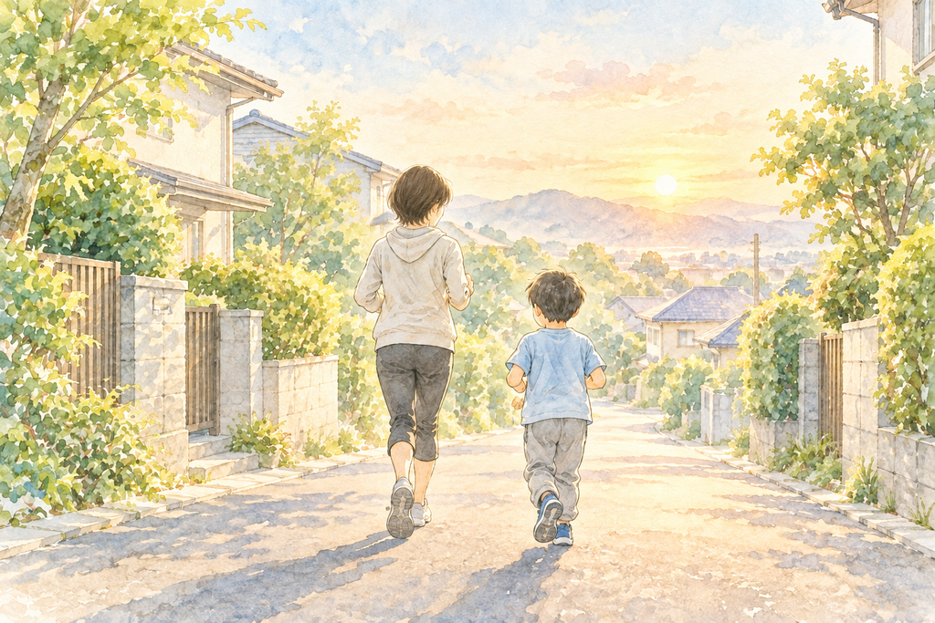 朝、住宅街の道を先頭に立って走る母と、後ろからついて走る息子の水彩イラスト