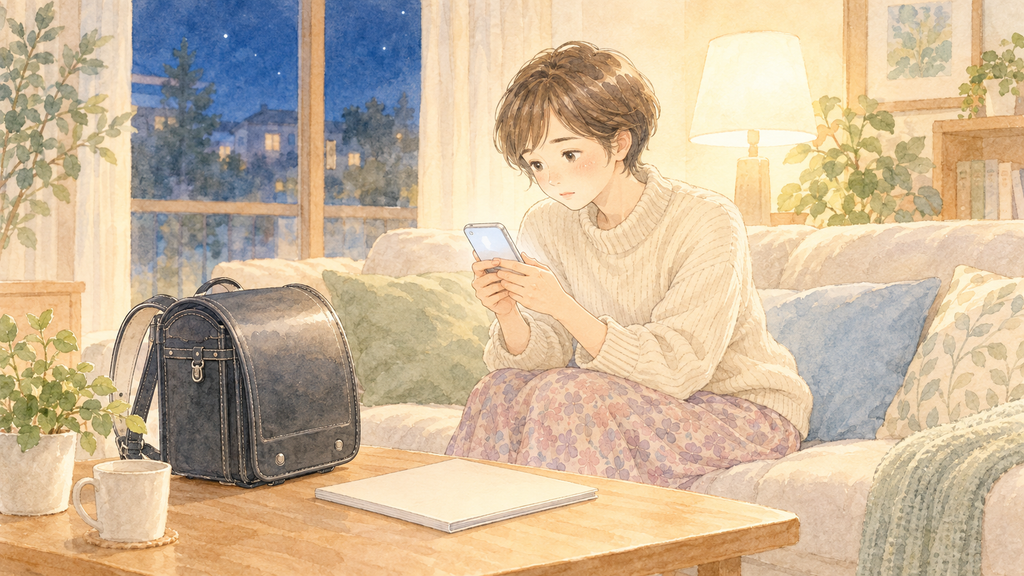 子どもたちが寝たあと、ランドセルと入学のしおりを前に、夜ひとりでスマホを見つめる母