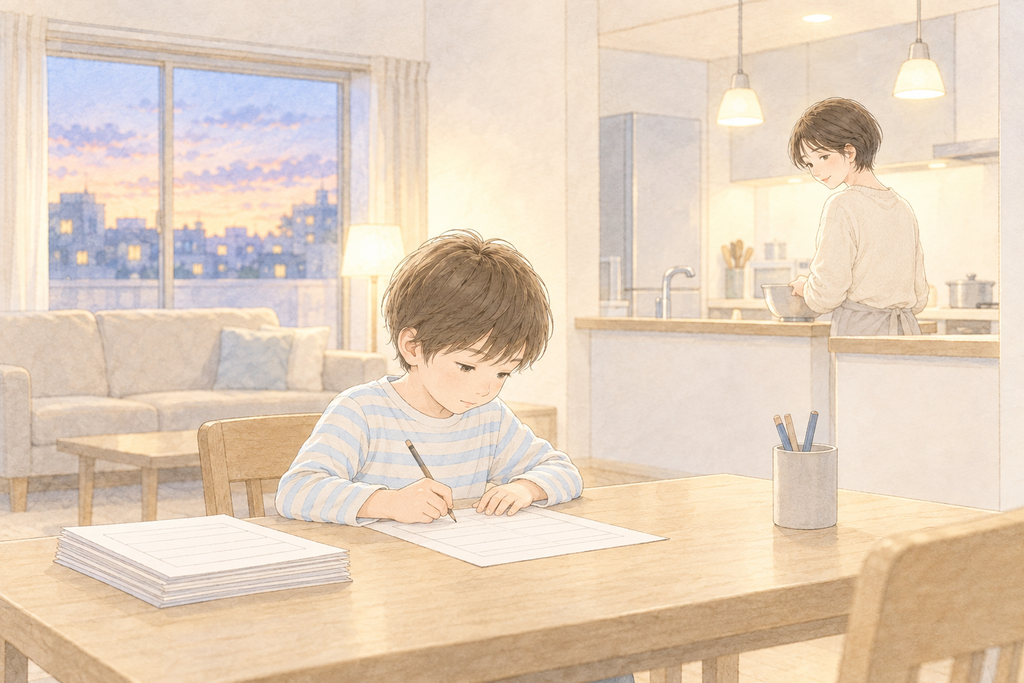 夕方、ダイニングで宿題のプリントをする息子と、台所に立つ母の水彩イラスト