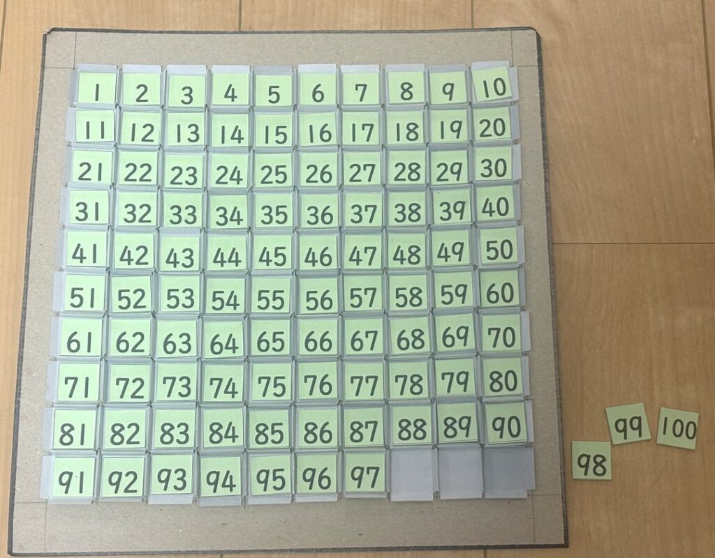 わが家で使っていた100並べのボード。1から97までのカードを並べ、98から100のカードが残っている写真