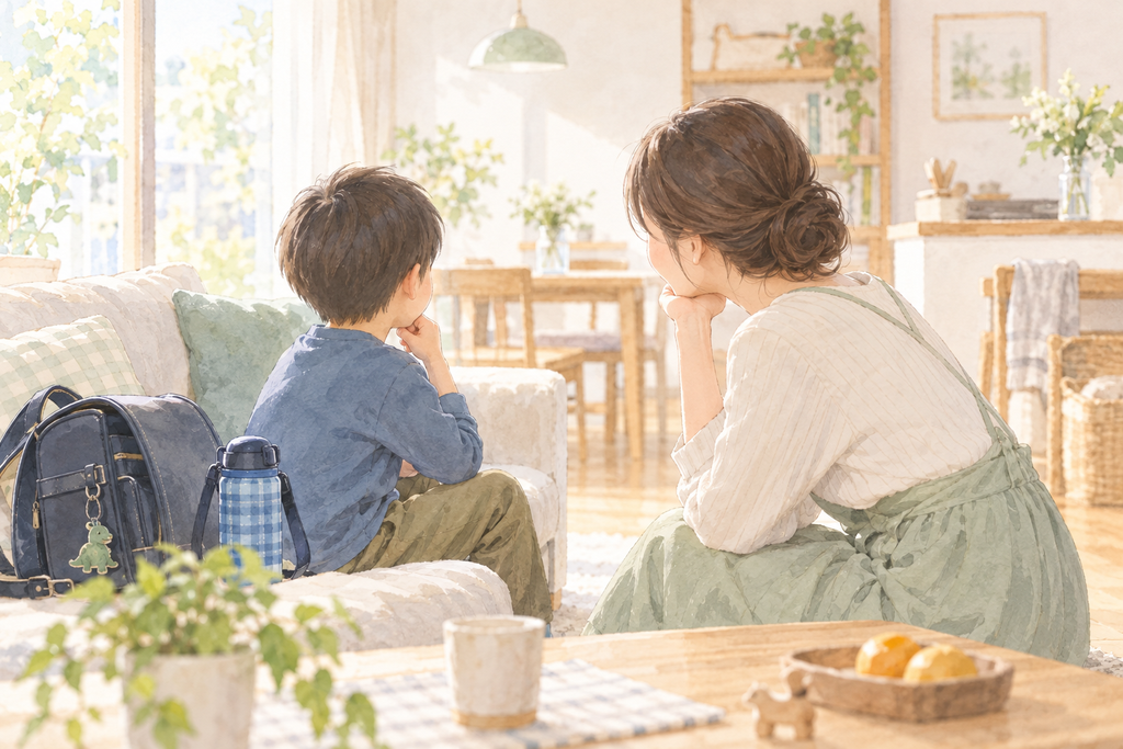 ソファに座る息子に、その日のことを聞く母の水彩イラスト