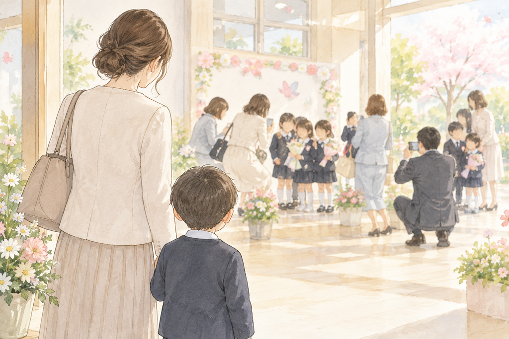 保育園の行事で、ほかの子どもたちから少し離れて母のそばに立つ息子の水彩イラスト