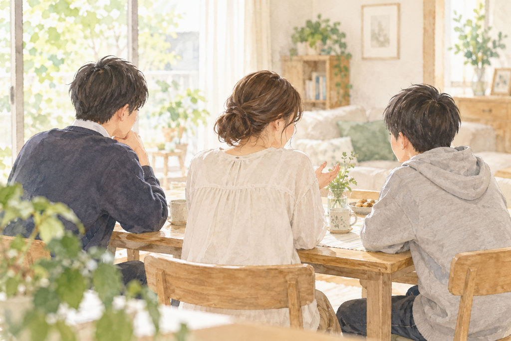 長男と次男に三男への気持ちを聞く母親の様子
