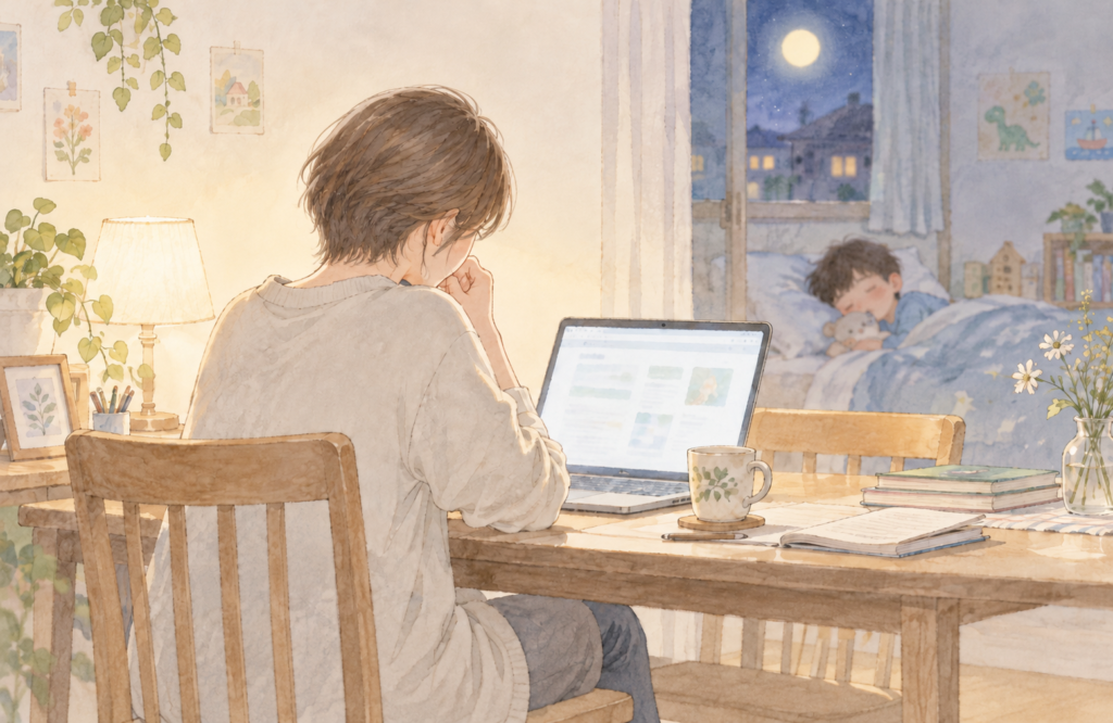 夜、眠る息子のそばでノートパソコンに向かう母の水彩イラスト