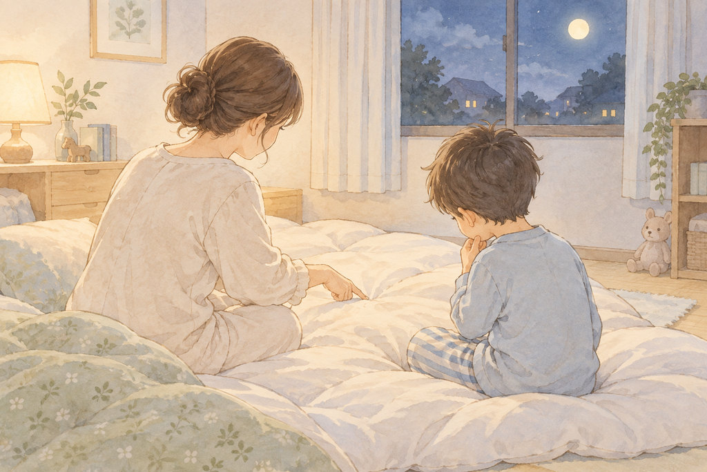 母に布団の名前を聞かれ、首をかしげる5歳の息子