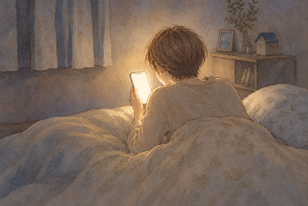 夜、布団の中でスマートフォンを見つめる母親の後ろ姿の水彩イラスト