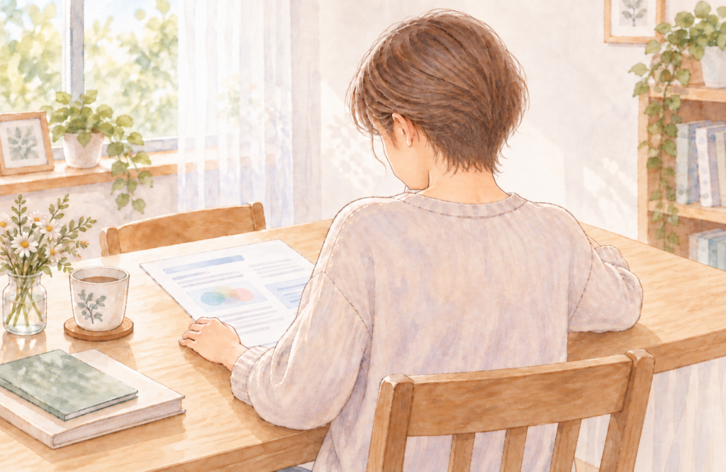 机で発達検査の結果の書類を読む母の水彩イラスト
