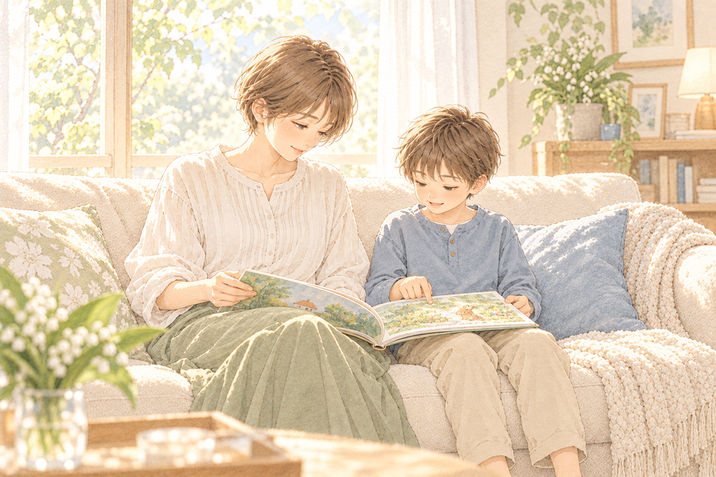 窓辺のソファで、母親と男の子が並んで絵本を読む水彩イラスト
