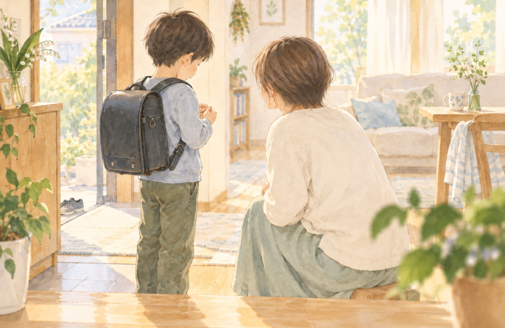 ランドセルを背負って出かける息子と、見送る母の水彩イラスト