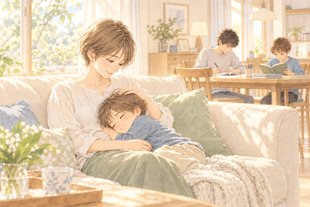 ソファで母親のひざに頭をのせて眠る男の子と、奥のテーブルで勉強する2人の兄の水彩イラスト