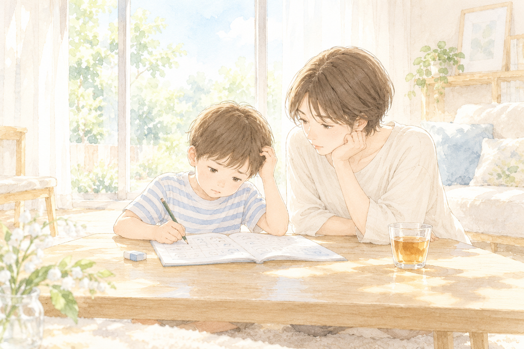 年長の夏、ひらがなの練習帳に向かう息子と、隣で見守る母の水彩イラスト