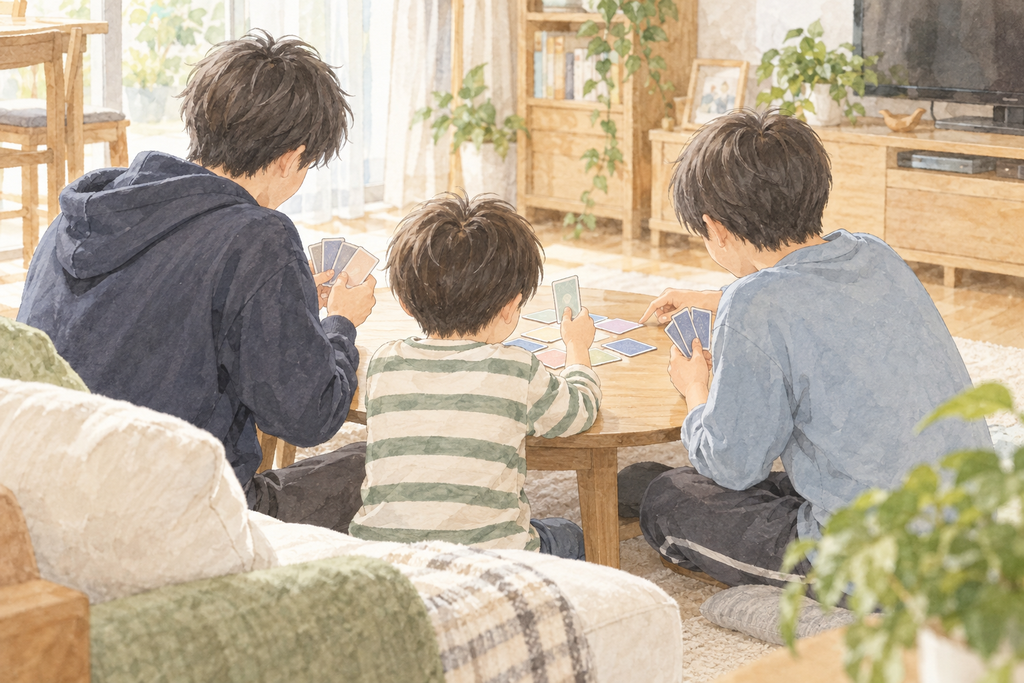 年の離れた三兄弟がテーブルでカード遊びを楽しむ様子
