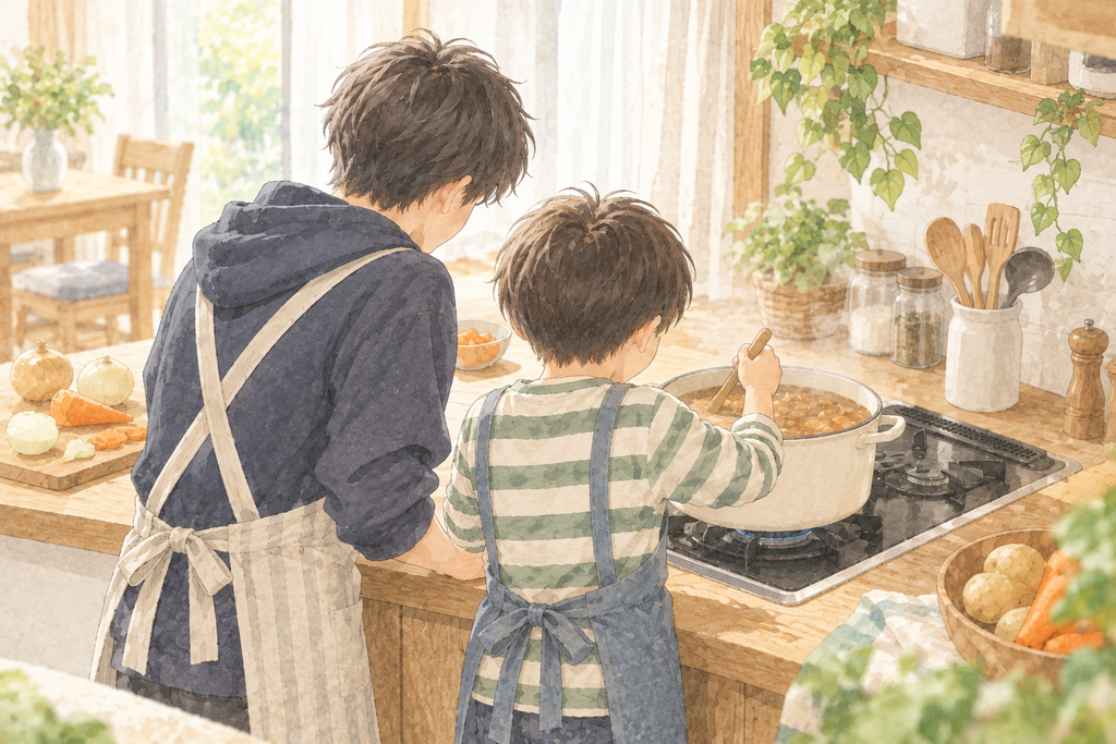 次男に見守られながら三男がチキンカレーを作る様子