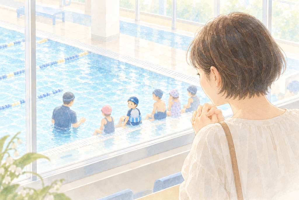 プールの見学席のガラス越しに、レッスンを受ける子どもたちを見守る母の水彩イラスト